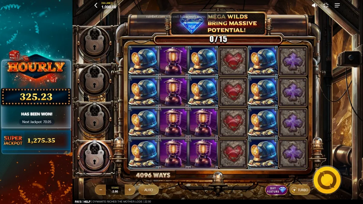 Tampilan visual slot Dynamite Riches The Mother Lode dengan latar belakang tambang emas.